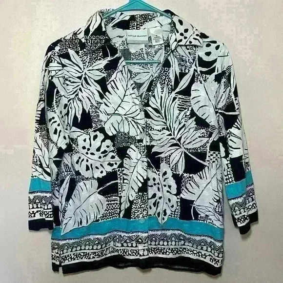 Alfred Dunner 8P Button Up Shirt Leaf Print Black, White, Teal Trim Long Sleeve - Picture 1 of 3